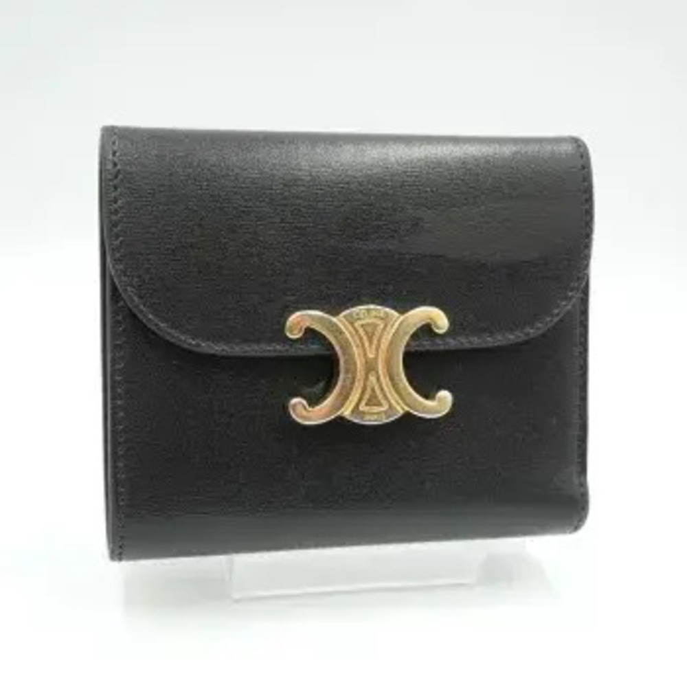 Celine Triomphe Flap Wallet Trifold Compact Shiny Calfskin Black
